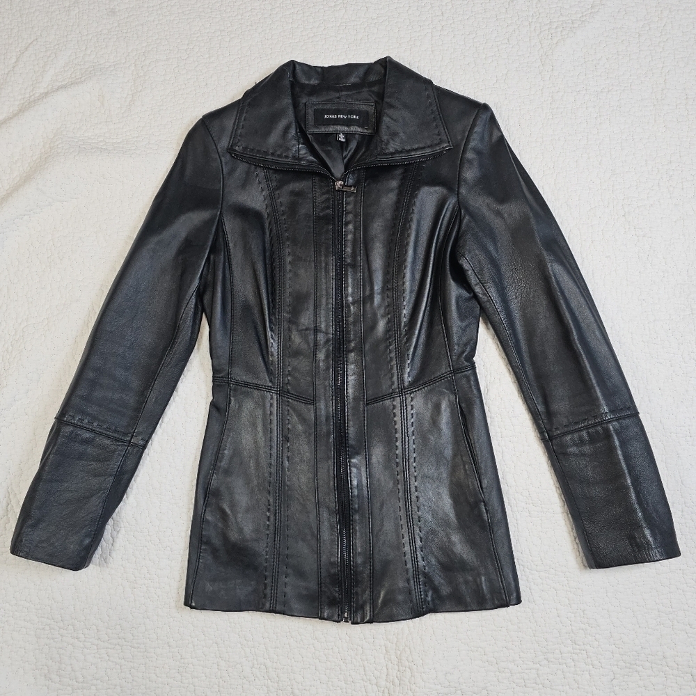 Jones New York Black 100% Leather Jacket Coat Stitched Detail Size Small